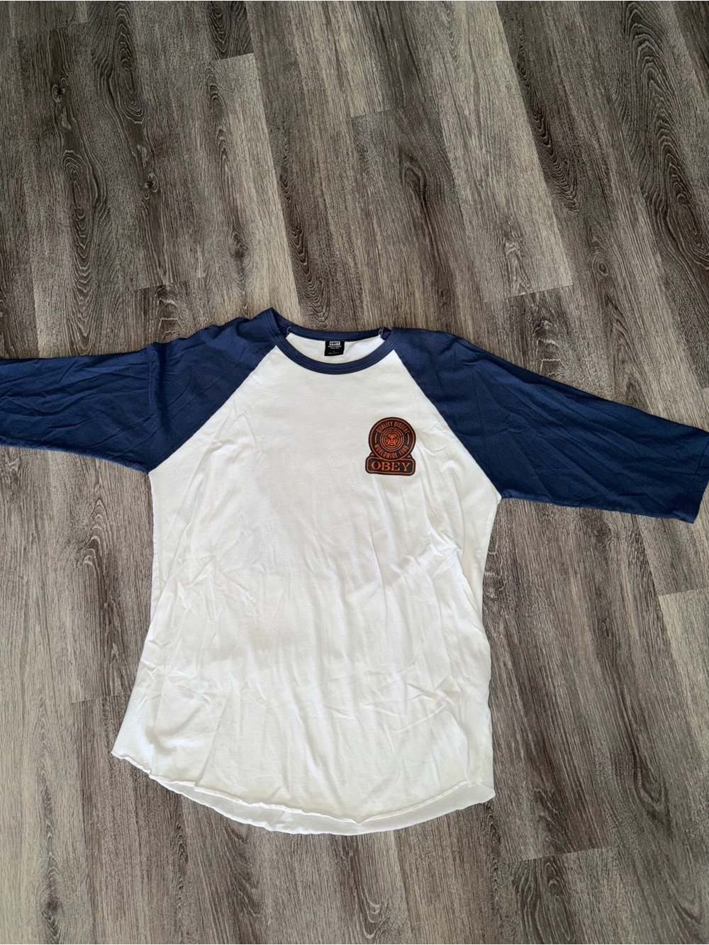 Obey White and Navy Raglan Logo Baseball Tee